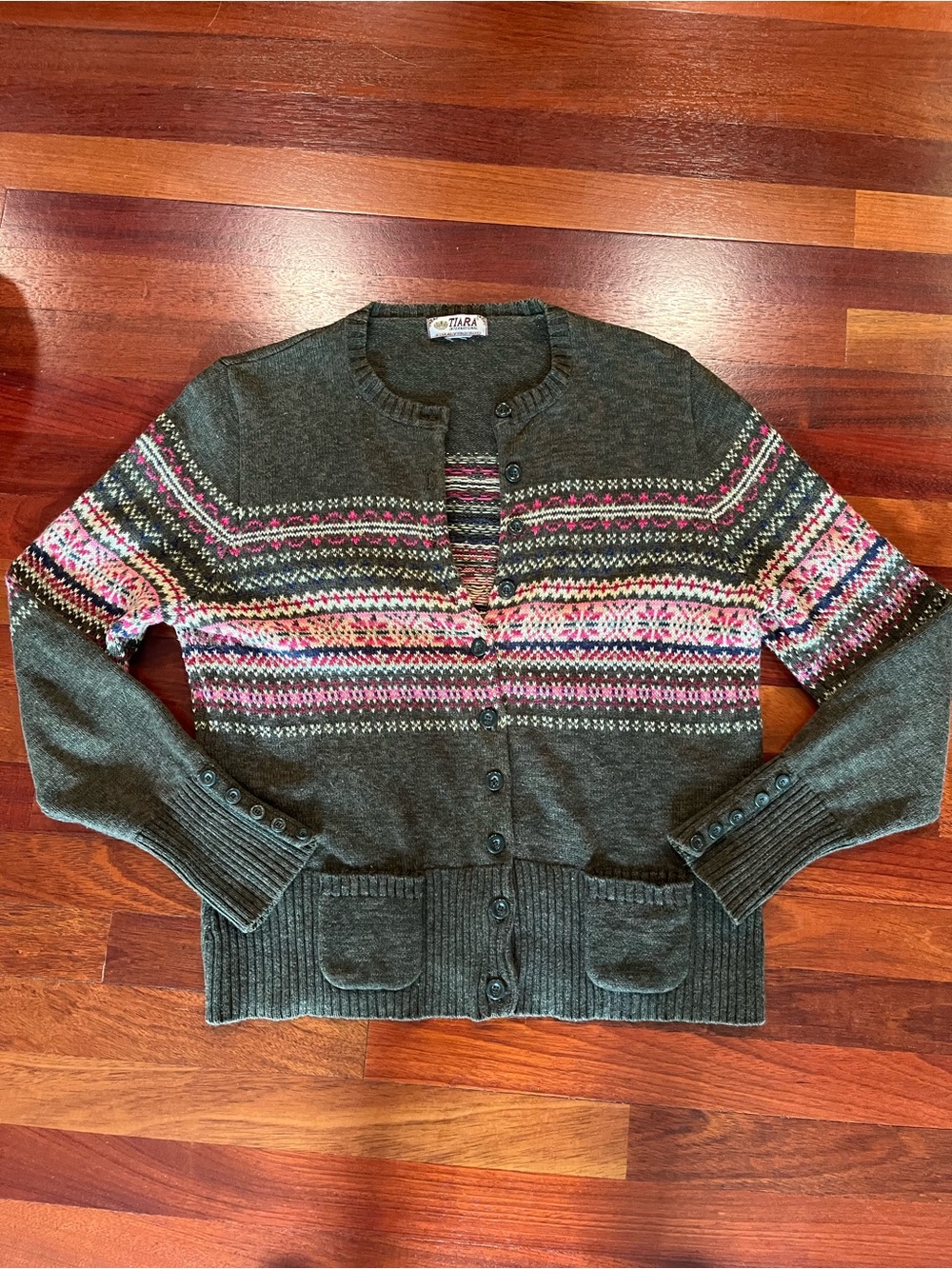 Tiara International Fair Isle Button-Front Cardigan with Pink Accents